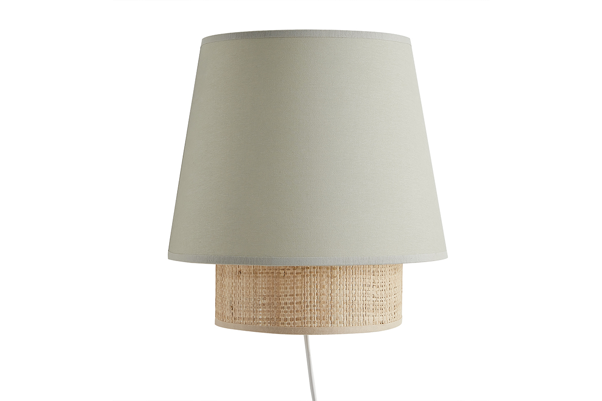Design-Wandleuchte aus salbeifarbener Baumwolle und naturfarbenem Bast H25 cm JUME