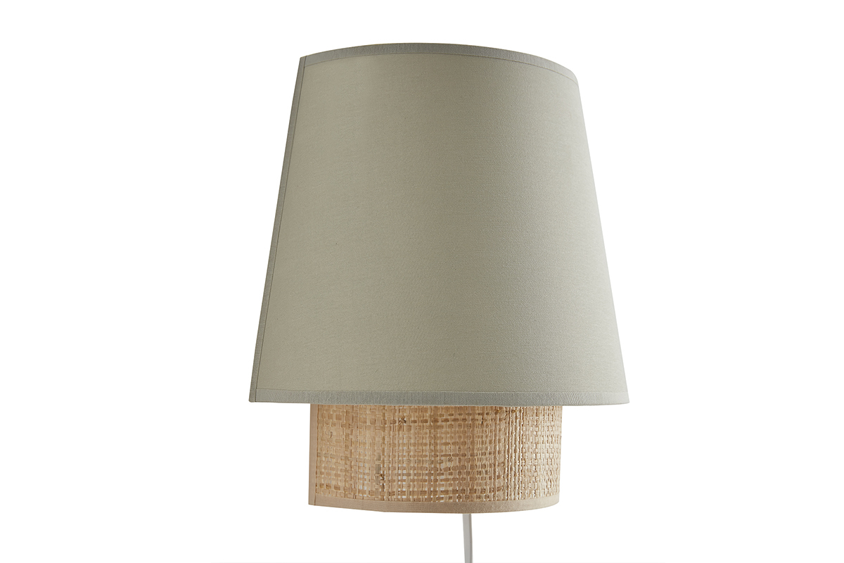 Design-Wandleuchte aus salbeifarbener Baumwolle und naturfarbenem Bast H25 cm JUME