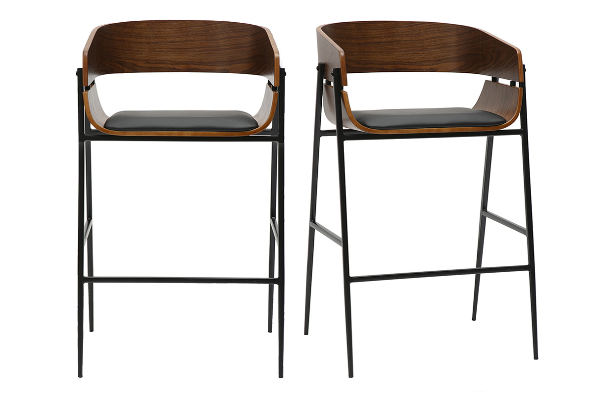 Designer Barhocker aus dunklem Holz und schwarzem Metall (2er-Set) WESS