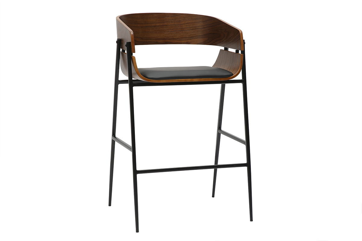 Designer Barhocker aus dunklem Holz und schwarzem Metall (2er-Set) WESS
