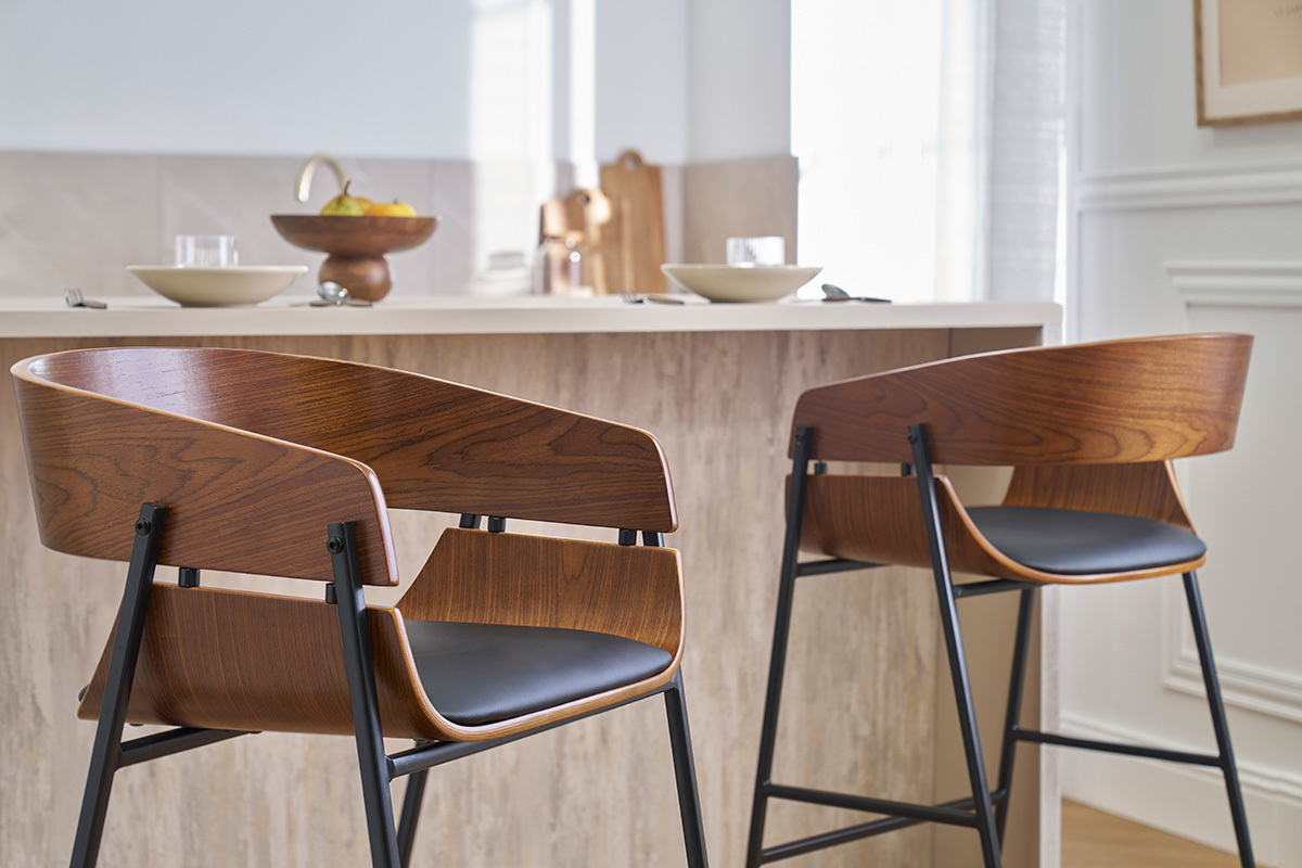 Designer Barhocker aus dunklem Holz und schwarzem Metall (2er-Set) WESS