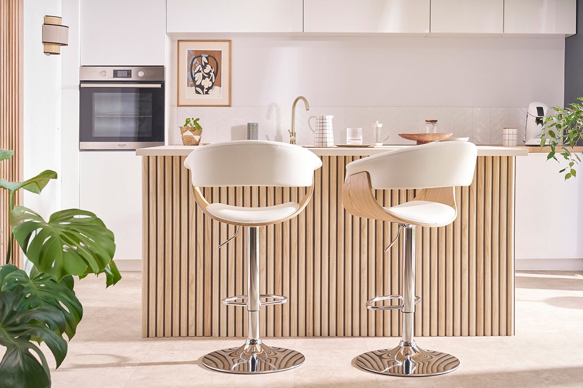 Designer-Barhocker hhenverstellbar wei und helles Holz OKTAV