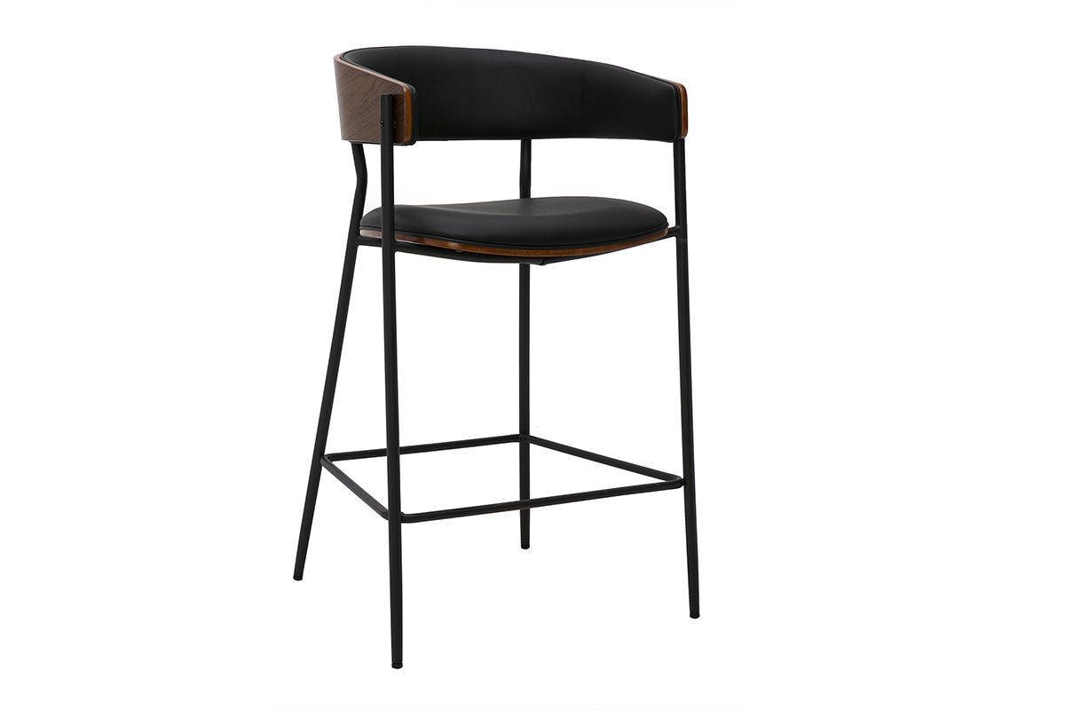Design-Barhocker in Schwarz und dunklem Walnussholz, Dreiviertelansicht