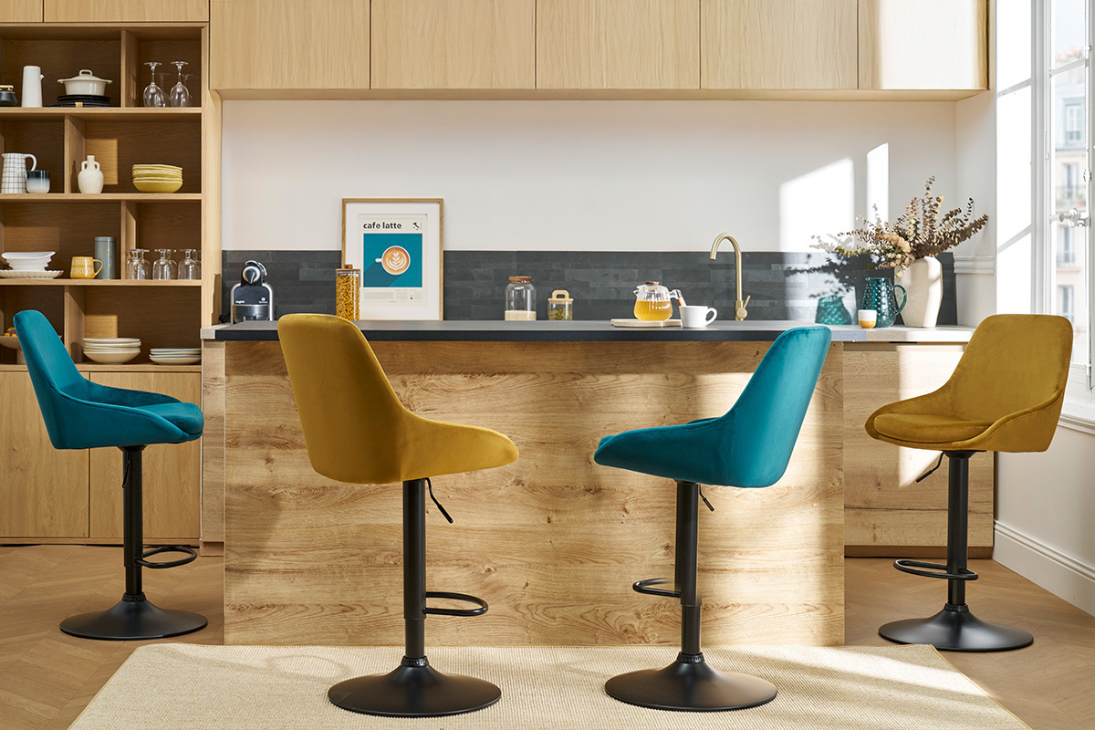 Designer-Barhocker verstellbar petrolblau Samt (2er-Set) HOLO