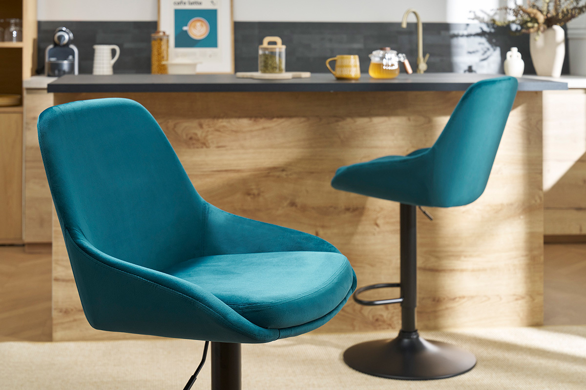 Designer-Barhocker verstellbar petrolblau Samt (2er-Set) HOLO