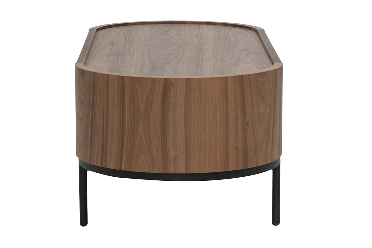 Ovaler Couchtisch aus dunklem Nussbaumholz mit schwarzen Metallbeinen, Seitenansicht