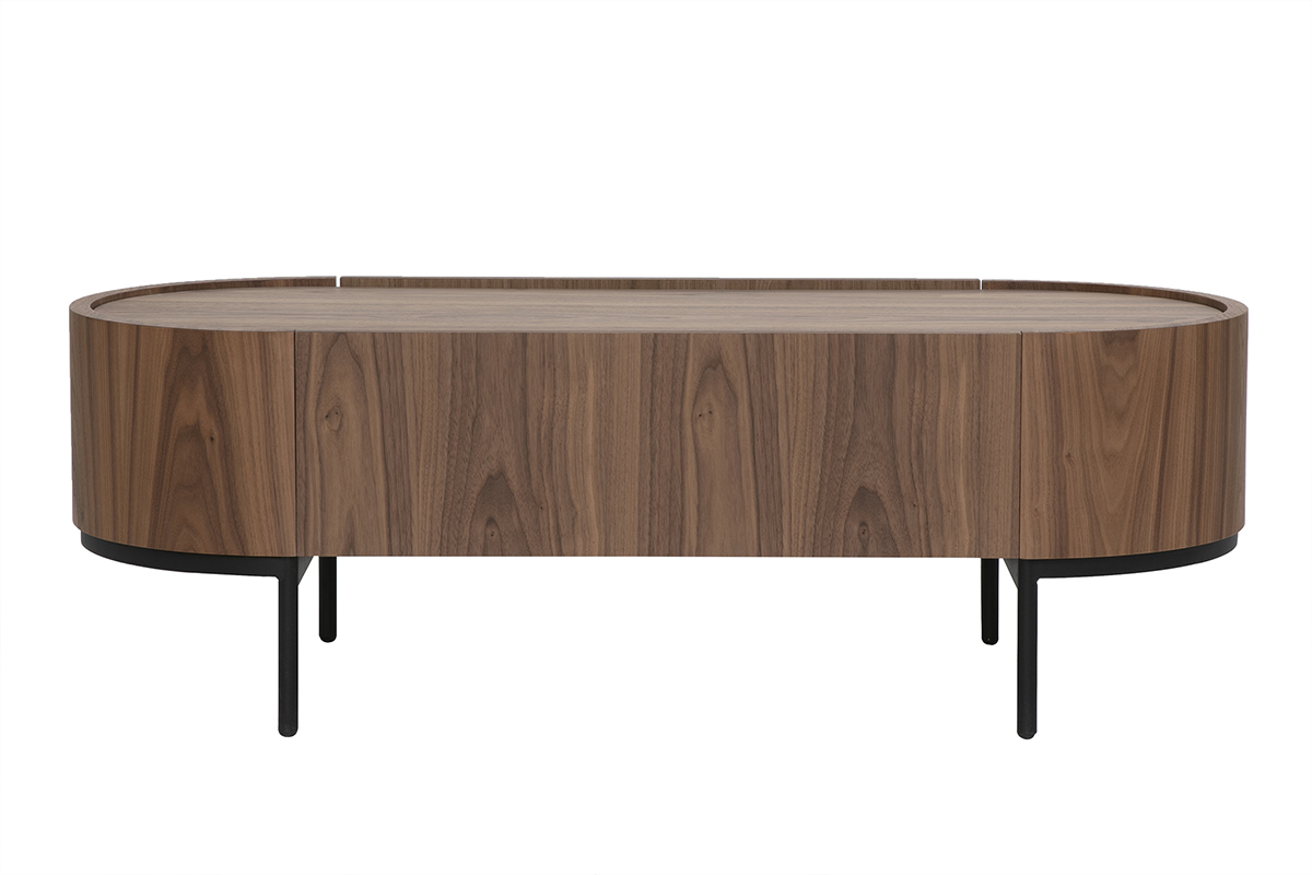 Design-Couchtisch aus dunklem Nussbaumholz und schwarzem Metall, R�ckansicht mit integriertem Schubfach.