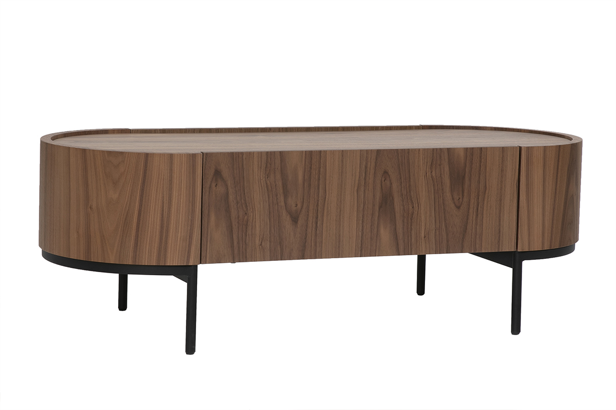 Ovaler Design-Couchtisch aus dunklem Nussbaumholz mit schwarzem Metall, 3/4-Ansicht