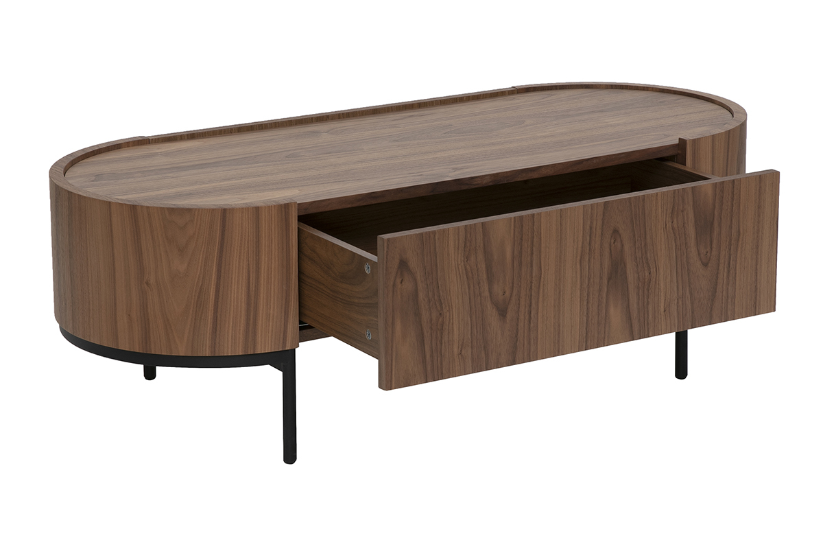 Ovale Couchtisch aus dunklem Walnussholz mit Schublade, schwarzem Metall, 3/4-Ansicht.