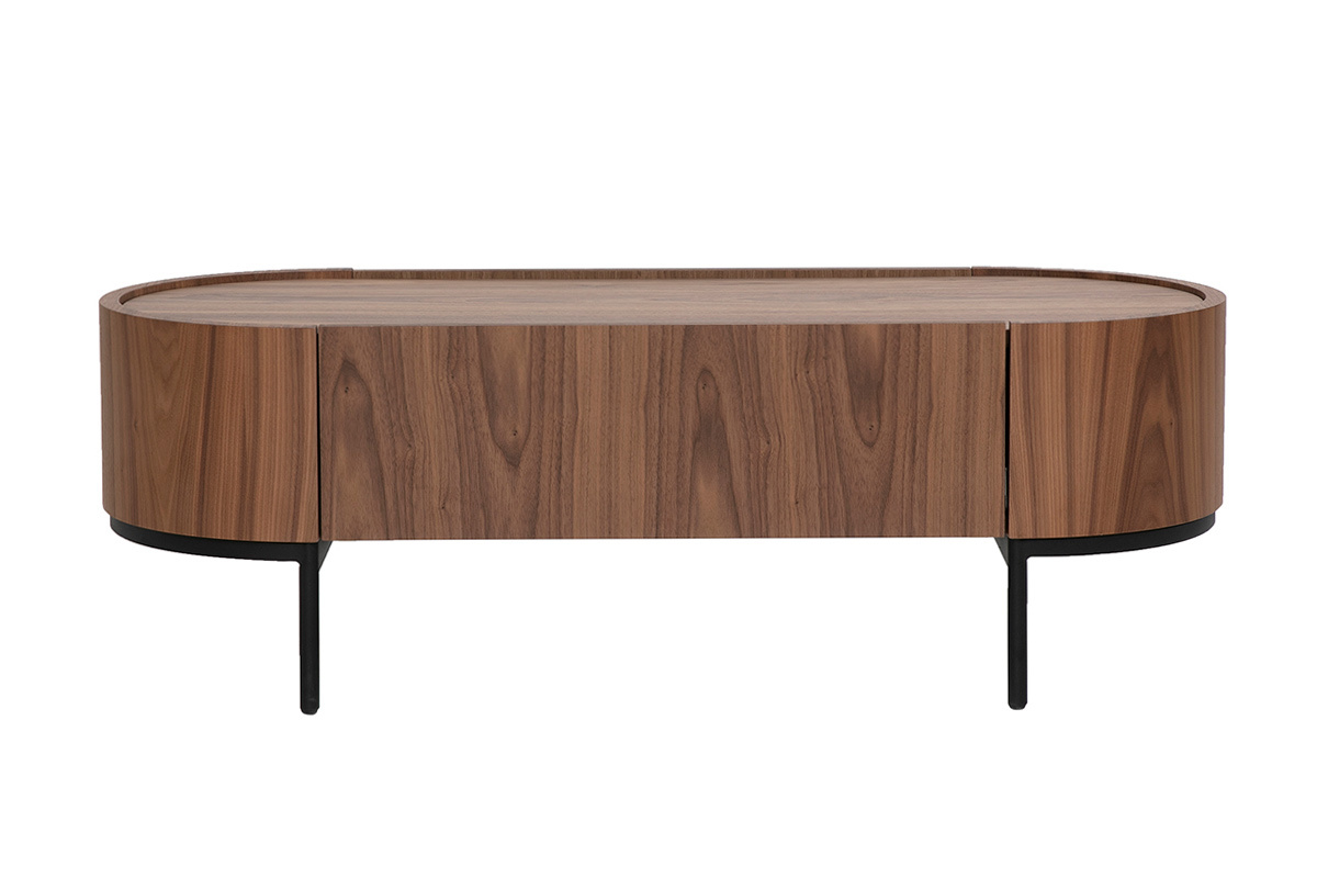Design-Couchtisch aus dunklem Nussbaumholz und schwarzem Metall, Frontansicht, mit integriertem Schubfach.