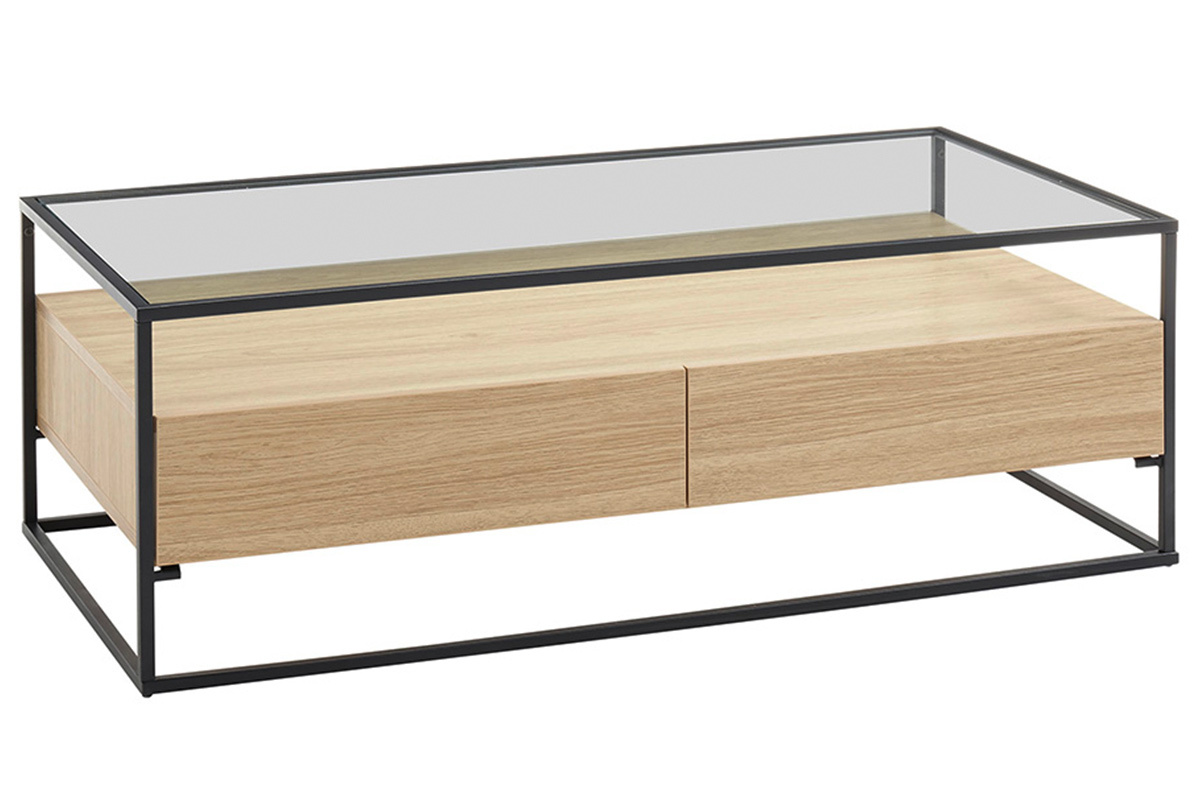 Designer-Couchtisch mit Glasplatte und Holzschubladen FINN