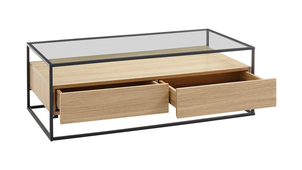 Designer-Couchtisch mit Glasplatte und Holzschubladen FINN