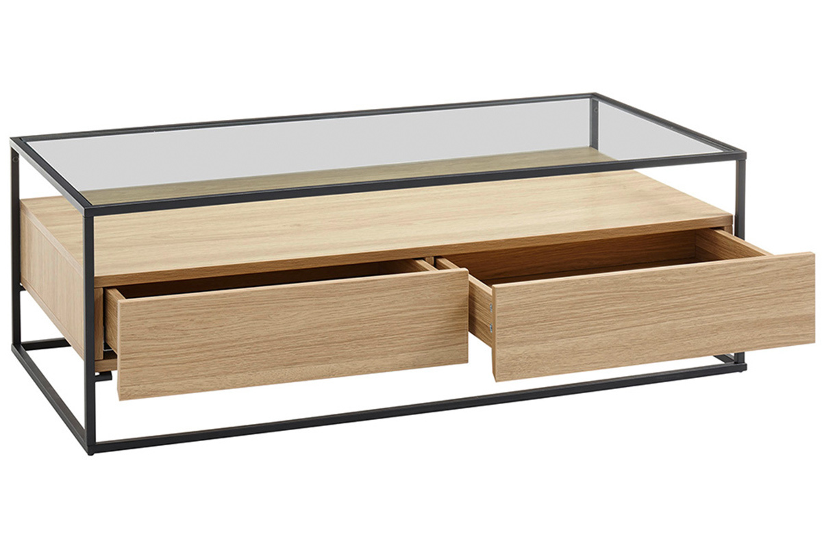 Designer-Couchtisch mit Glasplatte und Holzschubladen FINN