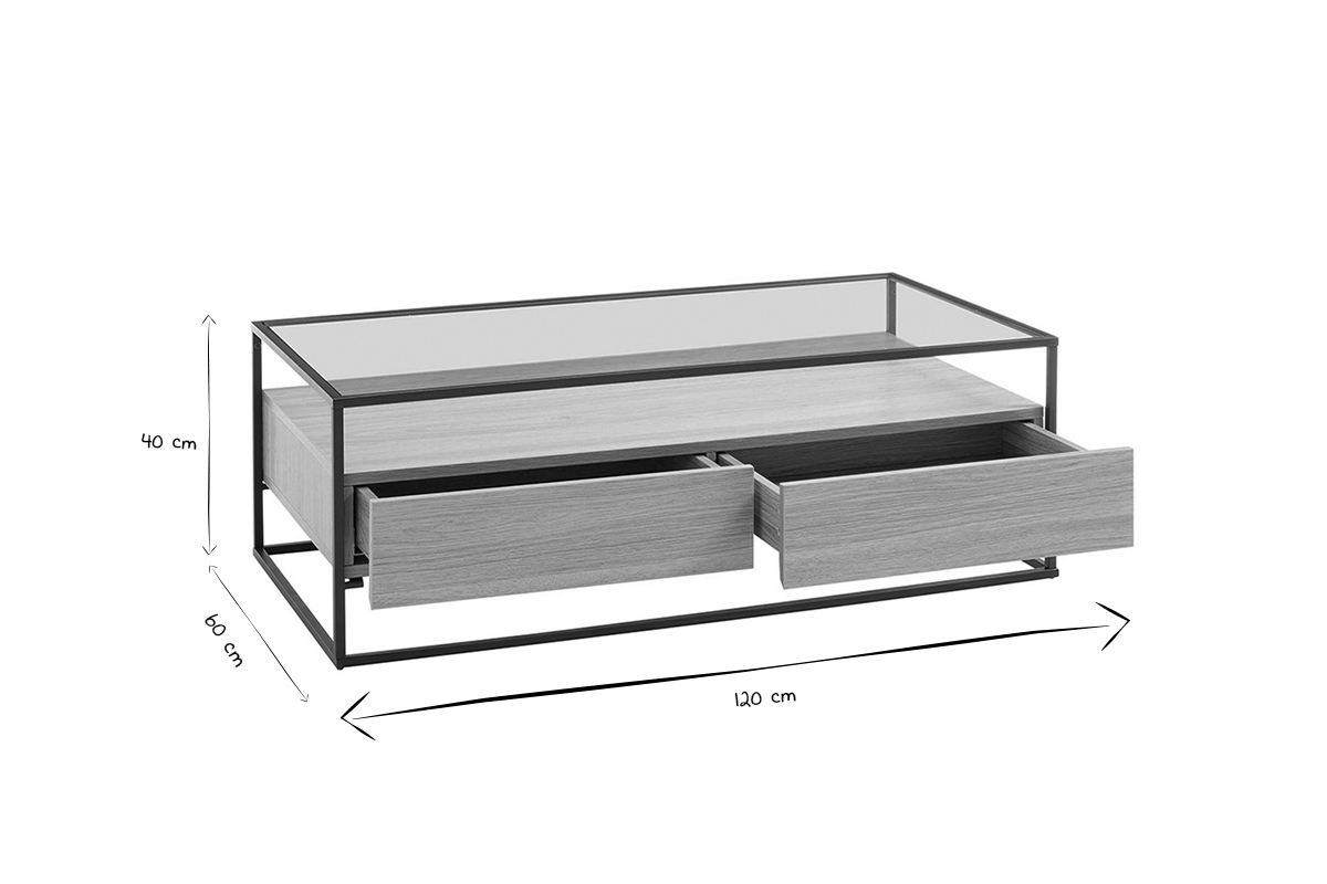Designer-Couchtisch mit Glasplatte und Holzschubladen FINN