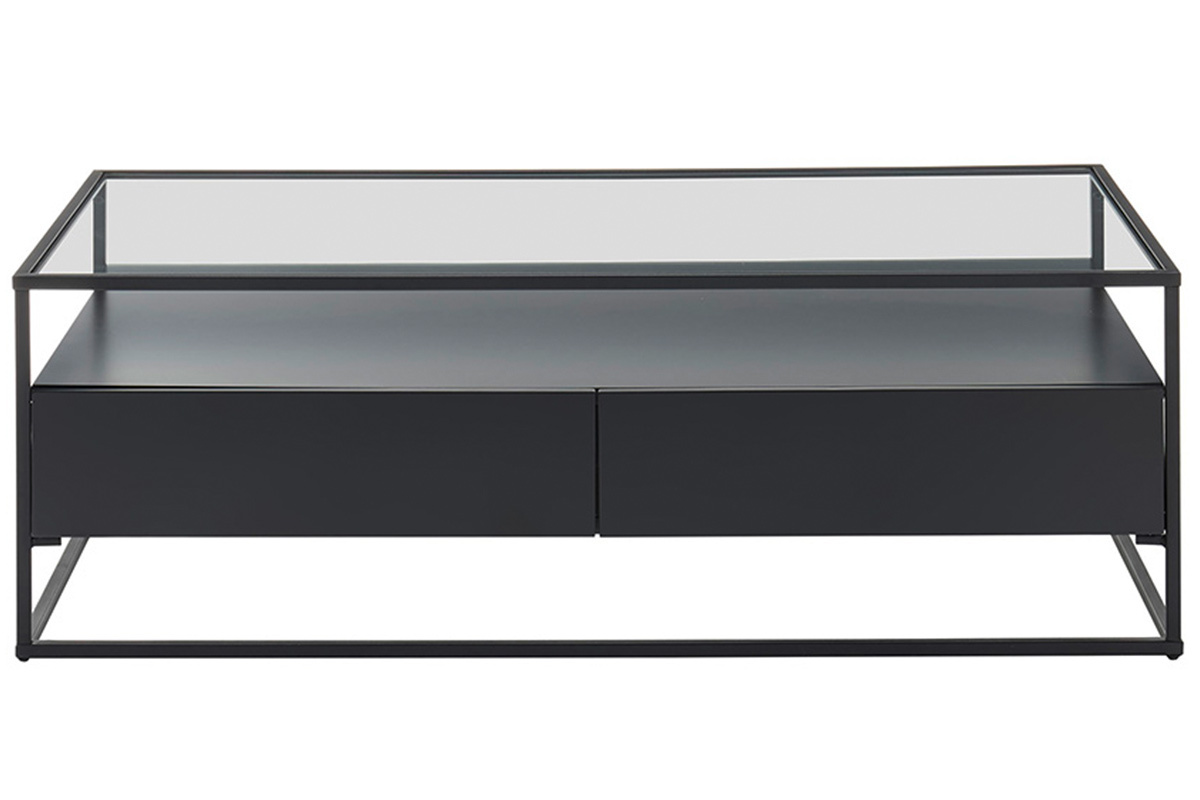 Designer-Couchtisch mit Glasplatte und schwarzen Schubladen FINN