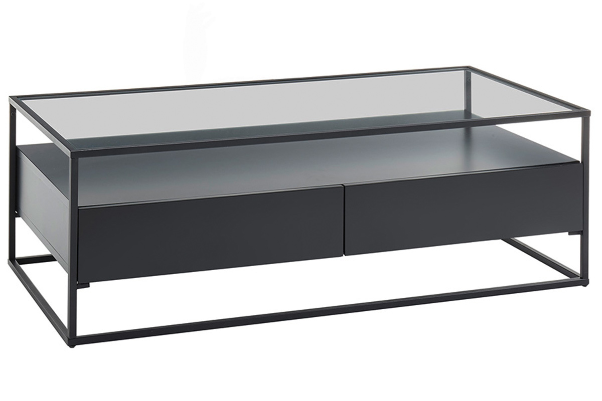 Designer-Couchtisch mit Glasplatte und schwarzen Schubladen FINN