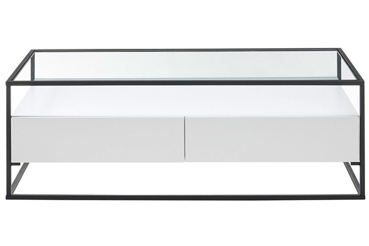 Designer Couchtisch mit Glasplatte und wei�en Schubladen FINN