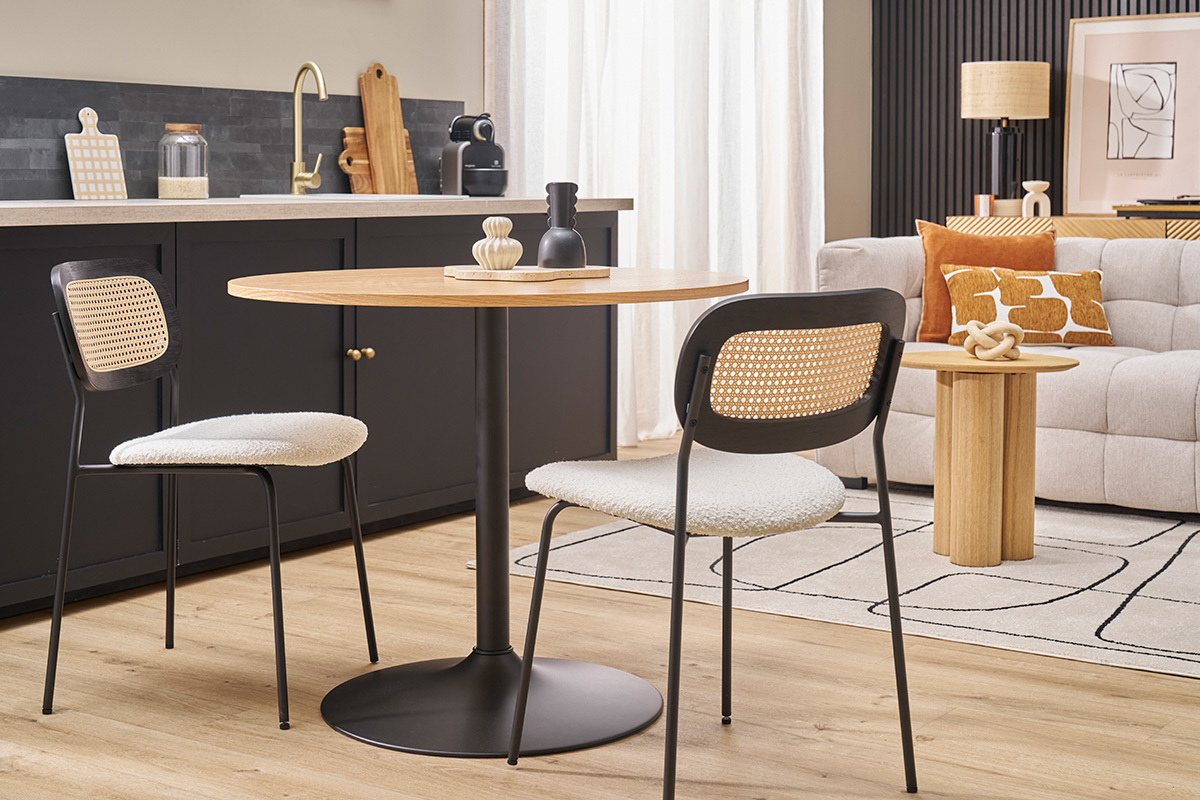 Designer Esstisch aus runder Eiche und Schwarzem Holz D90 cm CALISTA