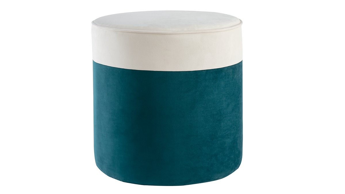 Designer-Hocker aus cremeweiem und pfauenblauem Samt D 40 cm DAISY