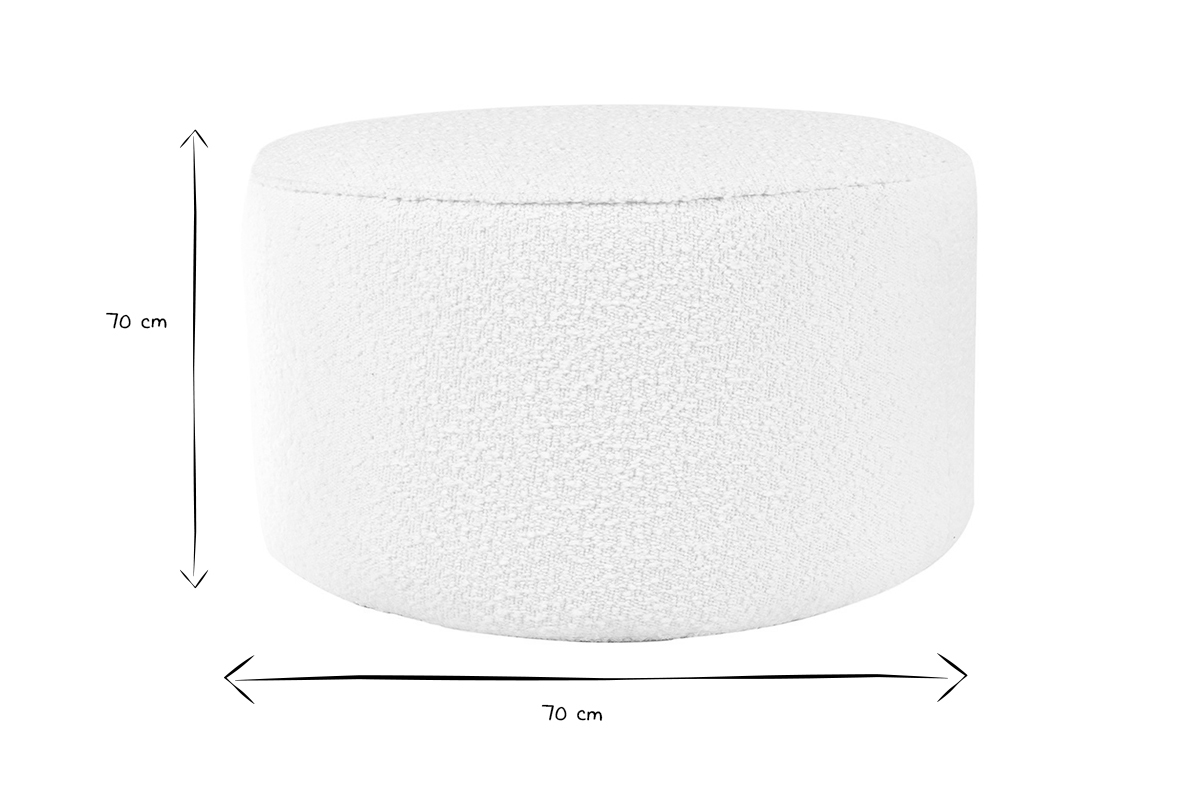 Designer-Hocker weier Stoff aus Boucl-Wolle D 70cm MERIBEL