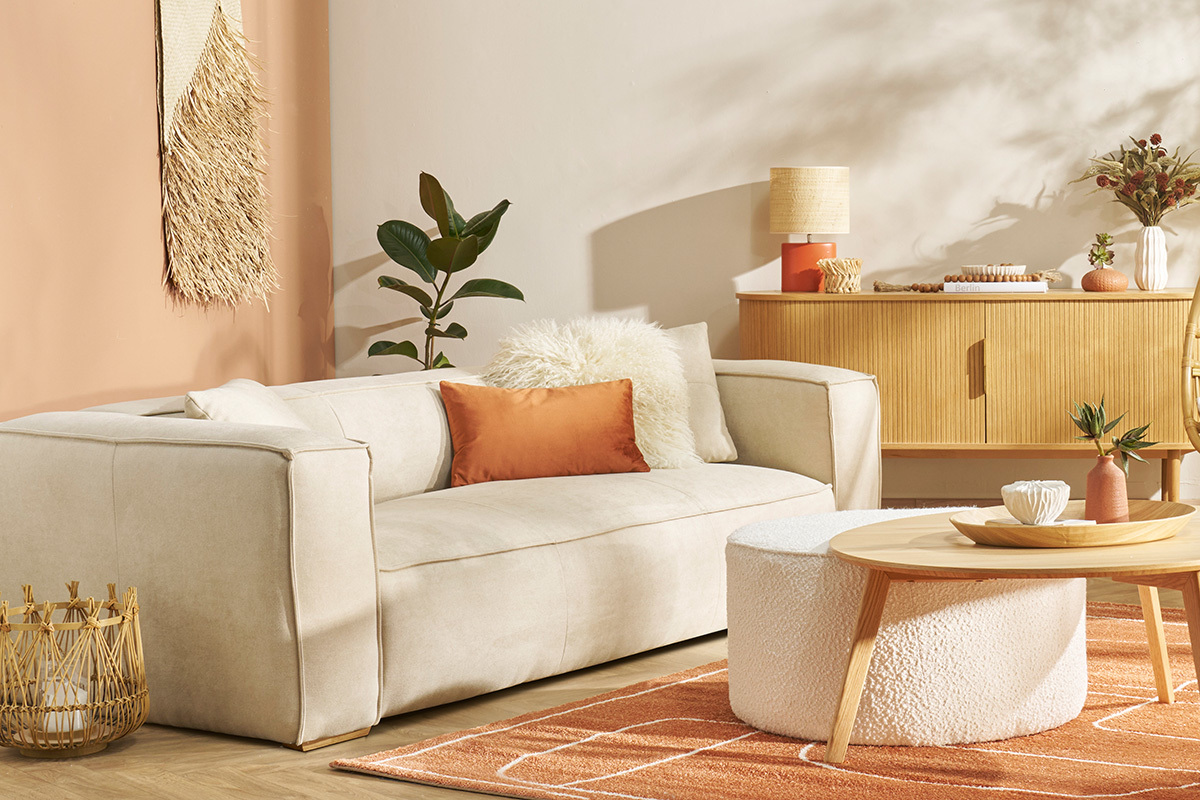 Designer-Hocker weier Stoff aus Boucl-Wolle D 70cm MERIBEL