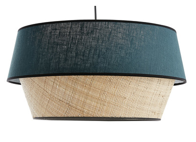 Designer-Pendelleuchte Materialmix Leinen entenblau und naturfarbener Bast D45 cm SENSA