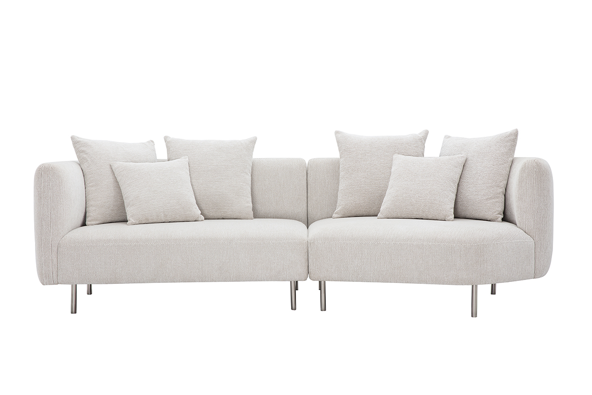 Beige Samt-Effekt Chenille Sofa 3-4 Pltze mit verchromten Metallfen, Frontansicht.