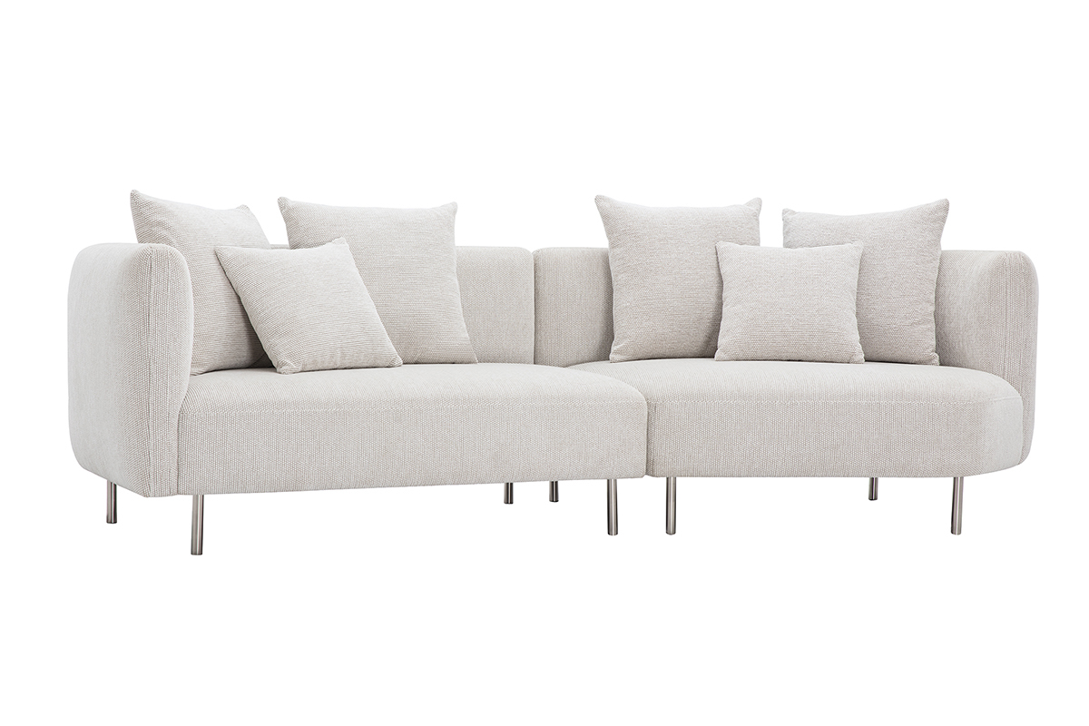 Beiges Designer-Sofa fr 3-4 Personen, Stoff mit Chenille-Samt-Effekt, verchromte Metallfe, Ansicht von 3/4.