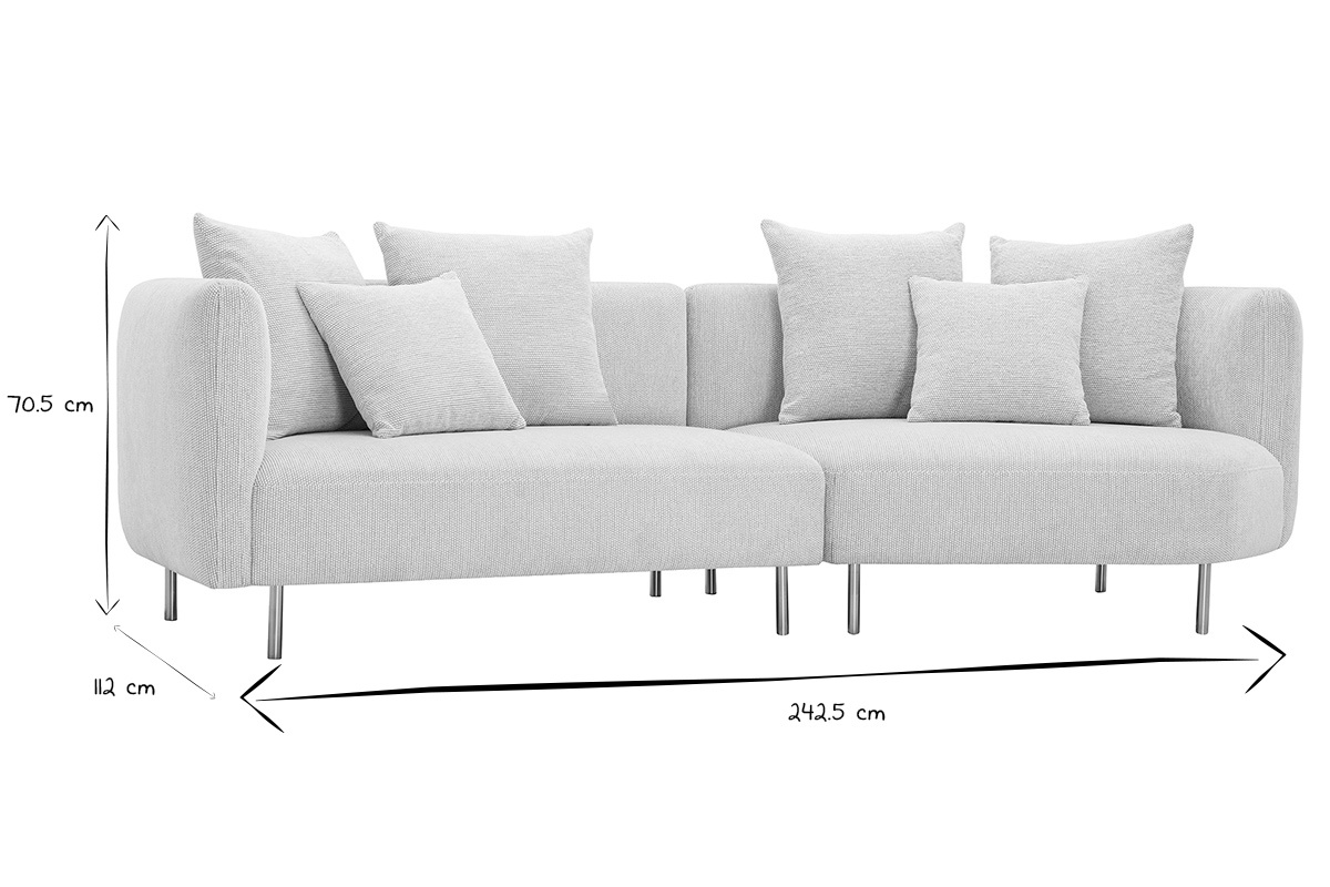 Abmessungen eines Design-Sofas mit 3-4 Sitzpltzen aus Stoff in Samtoptik, schwarz und wei, mit Metallfen.