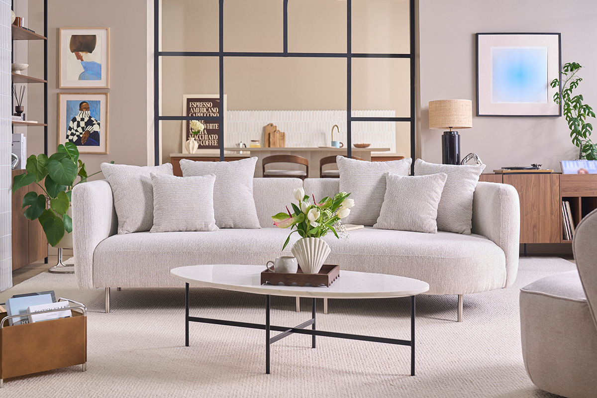 Designer-Sofa 3-4 Pl�tze aus Samteffekt Chenille-Stoff beige und verchromtem Metall IGLESIAS