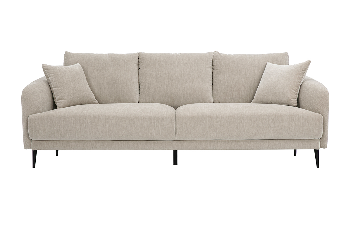 Design-Sofa f�r 3 Personen aus taupefarbenem Stoff mit Samteffekt und weichen Kissen, Vorderansicht