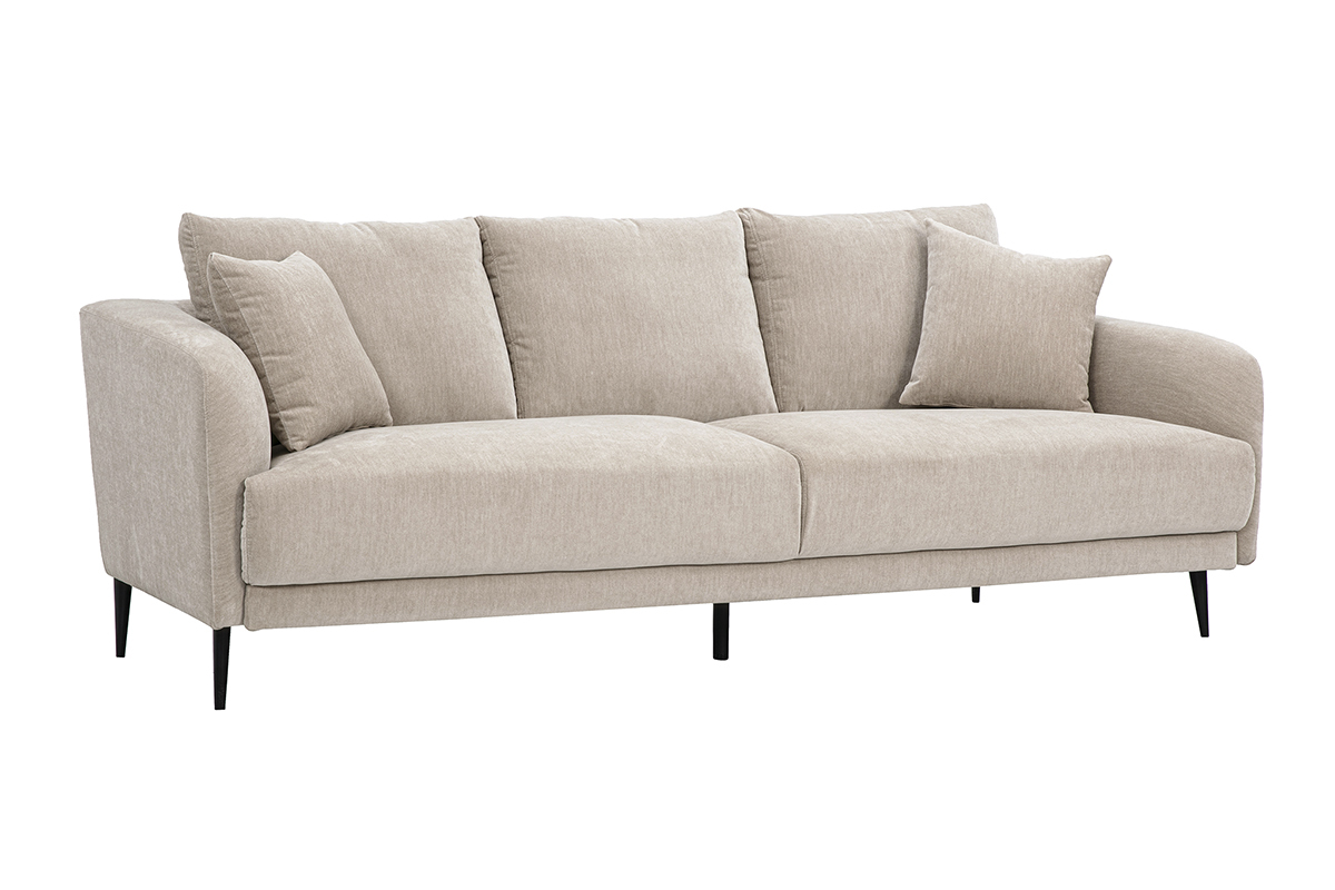Design-Sofa mit 3 Sitzpl�tzen aus taupefarbenem Stoff in Samtoptik mit weichen Kissen und schwarzen Metallf��en.