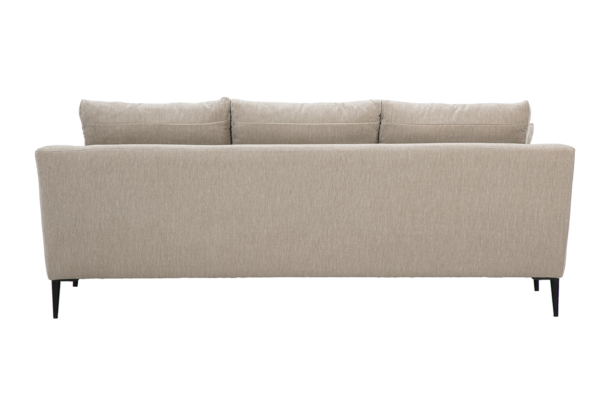 R�ckansicht des 3-Sitzer-Designsofas aus taupefarbenem Stoff und schwarzem Metall JERRY