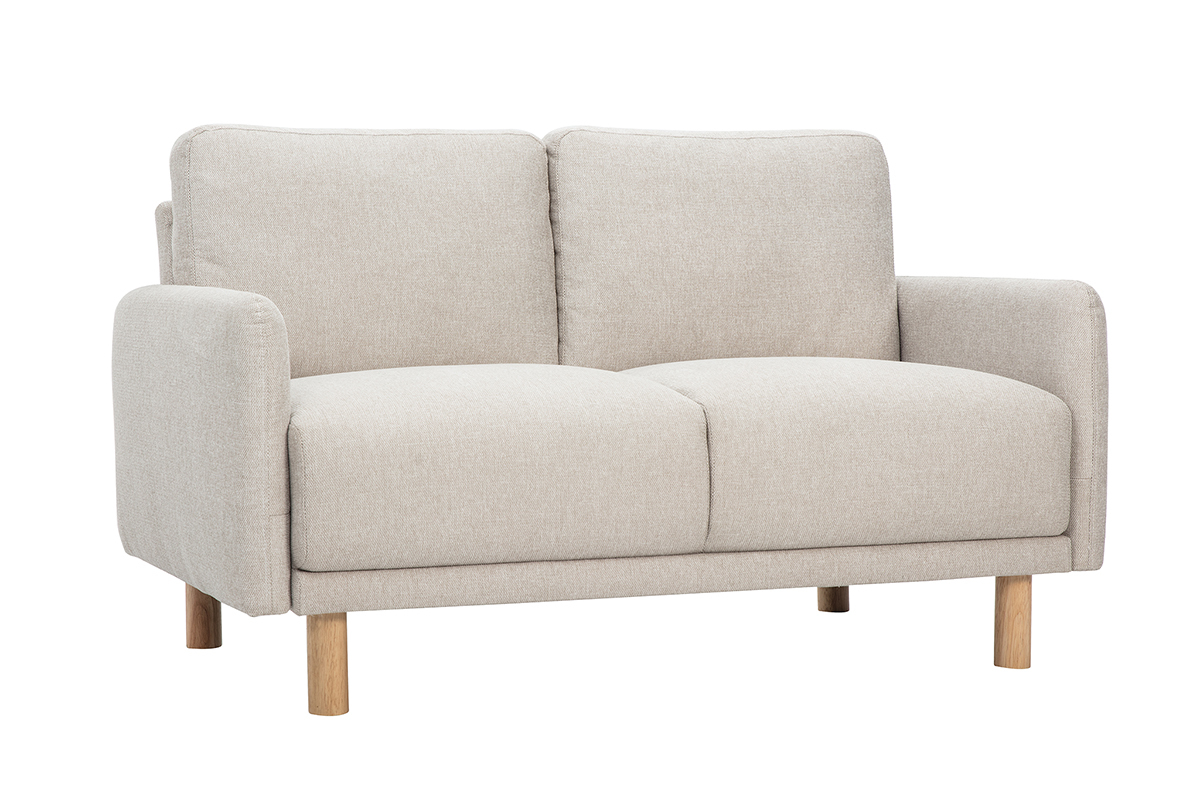 Zweisitzer-Sofa in beigefarbenem Samteffekt-Stoff und mit hellen Holzf��en, Ansicht von 3/4.