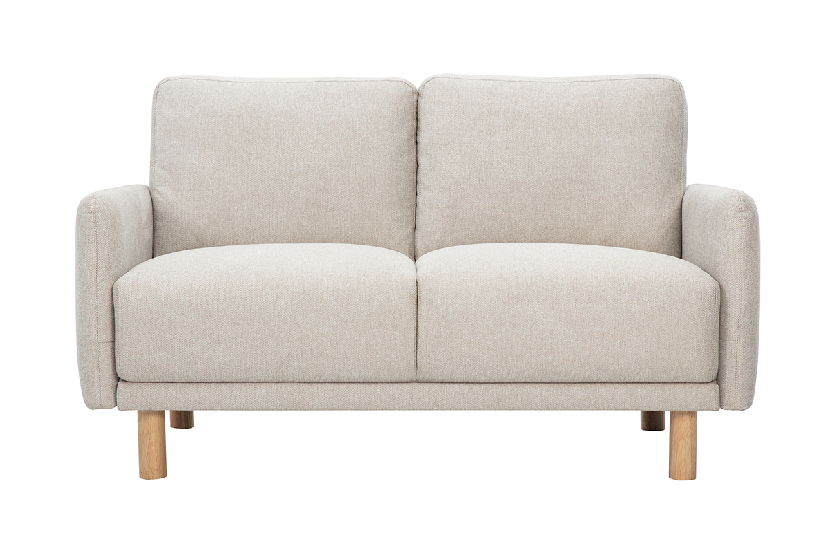 2-Sitzer-Sofa in beige Samtoptik mit hellen Holzbeinen, Frontansicht.