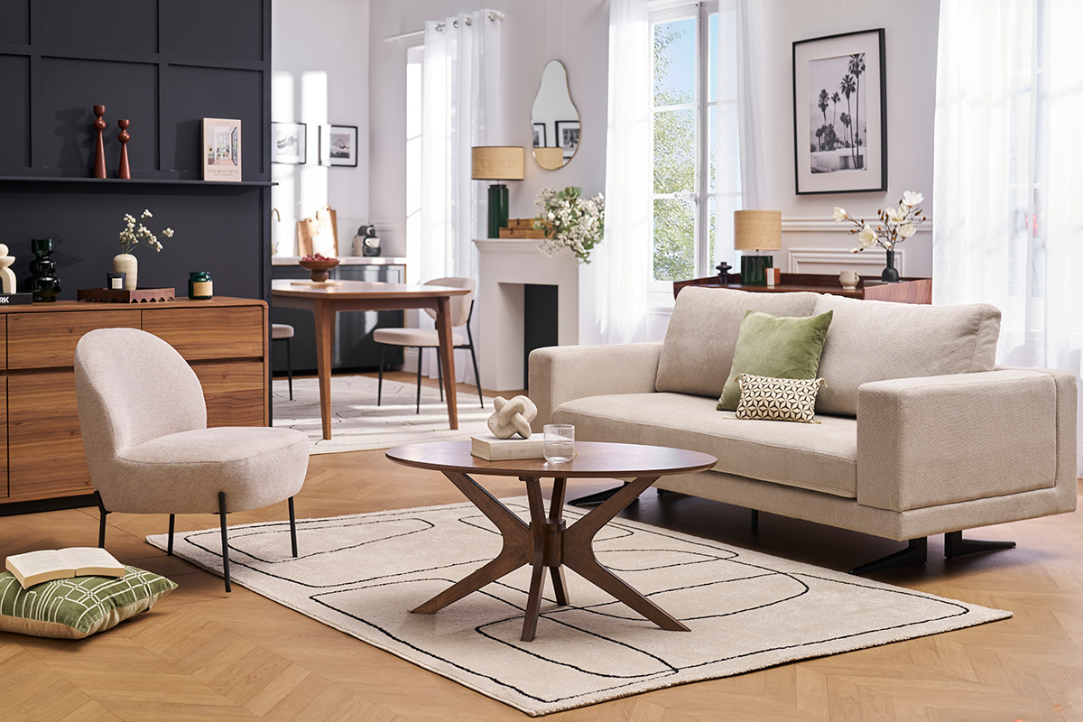 Designer-Sofa mit 3 Sitzen aus Beige Chenille-Stoff und schwarzem Metall LENNON
