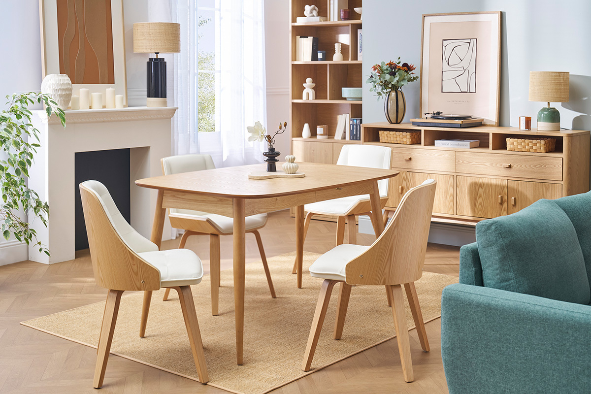 Designer-Stuhl aus zwei Materialien wei und helles Holz FLUFFY