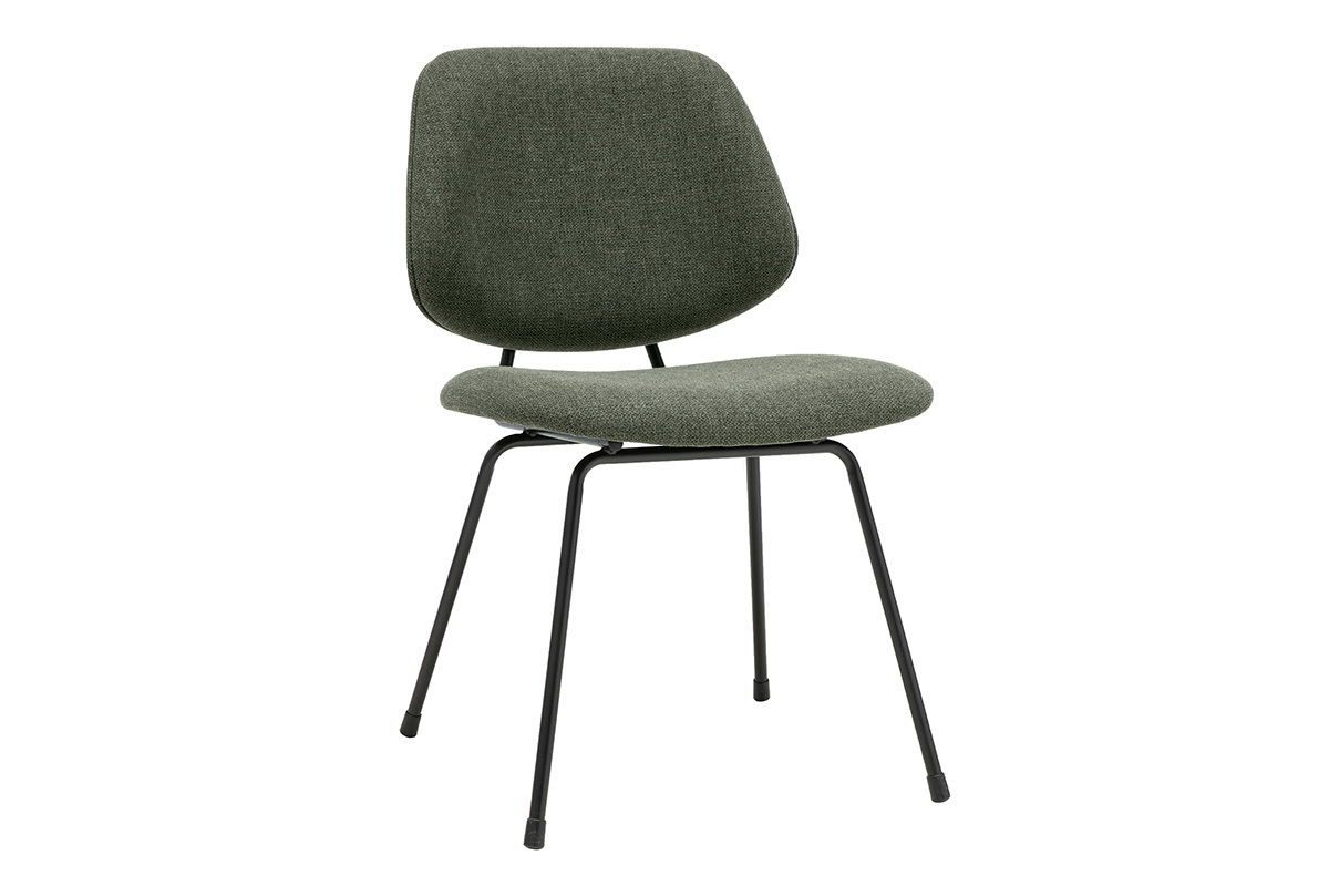 Designstuhl aus khakigr�nem Stoff mit schwarzer Metallstruktur, 3/4-Ansicht
