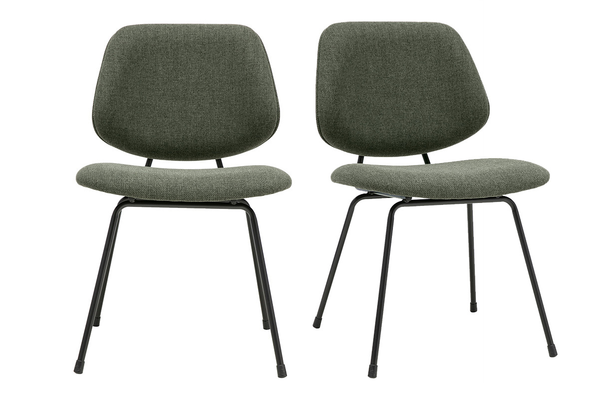 Set aus 2 Designst�hlen aus khakigr�nem Stoff mit schwarzer Metallstruktur, Vorderansicht.
