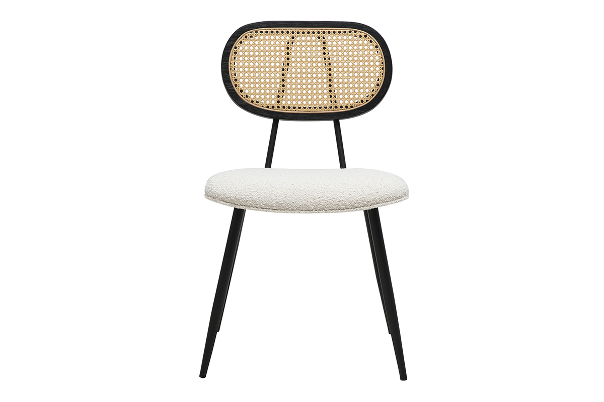 SWANN Stuhl aus wei�em Stoff, Rattangeflecht und schwarzem Metall, Frontansicht.