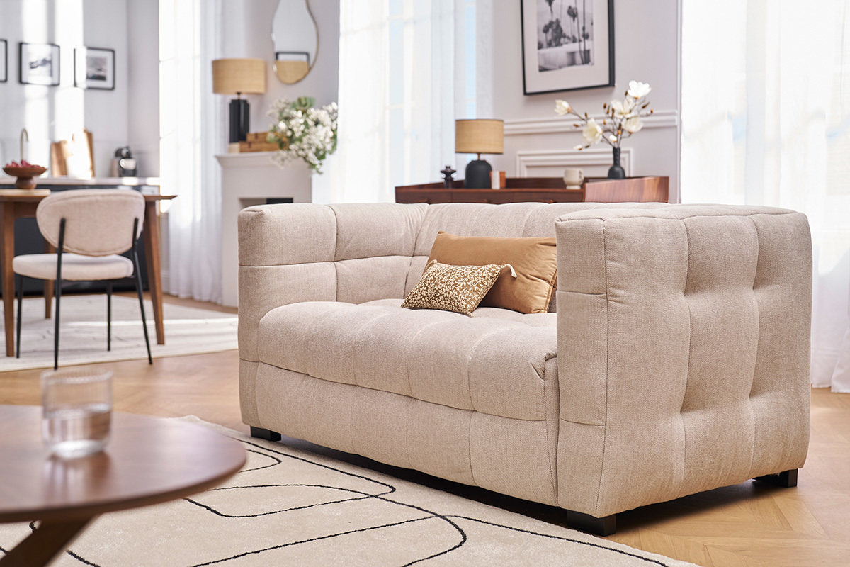 Designer-Zweisitzer-Sofa aus strukturiertem Effekt-Samt in Beige CORTO
