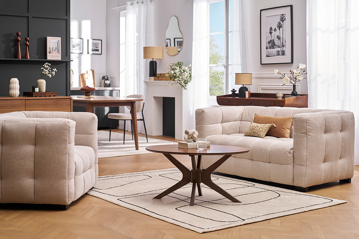 Designer-Zweisitzer-Sofa aus strukturiertem Effekt-Samt in Beige CORTO