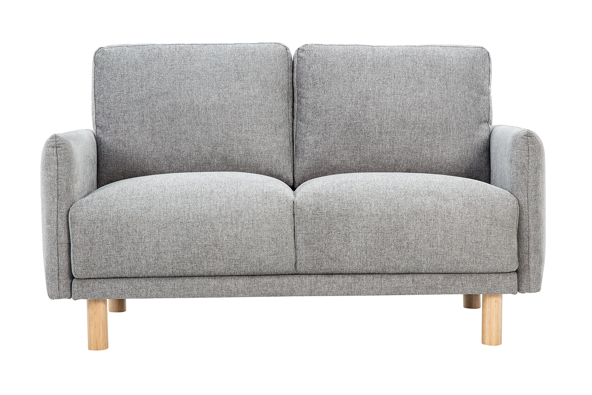 2-Sitzer-Sofa in grauem Samtstoff, mit hellen Holzbeinen, Frontansicht.