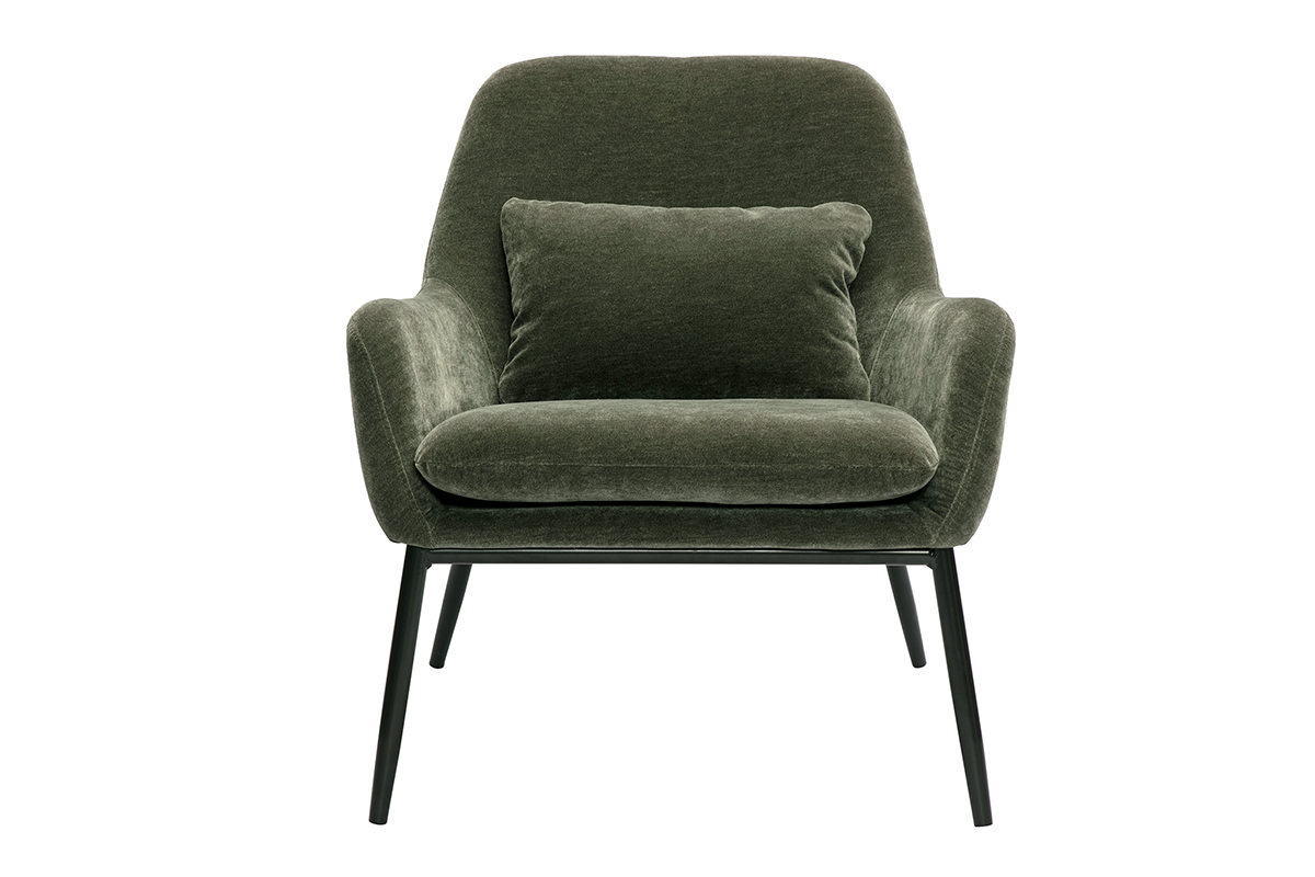 Designersessel aus Samt-Effekt khakigrnem Stoff und schwarzem Metall MAXINE