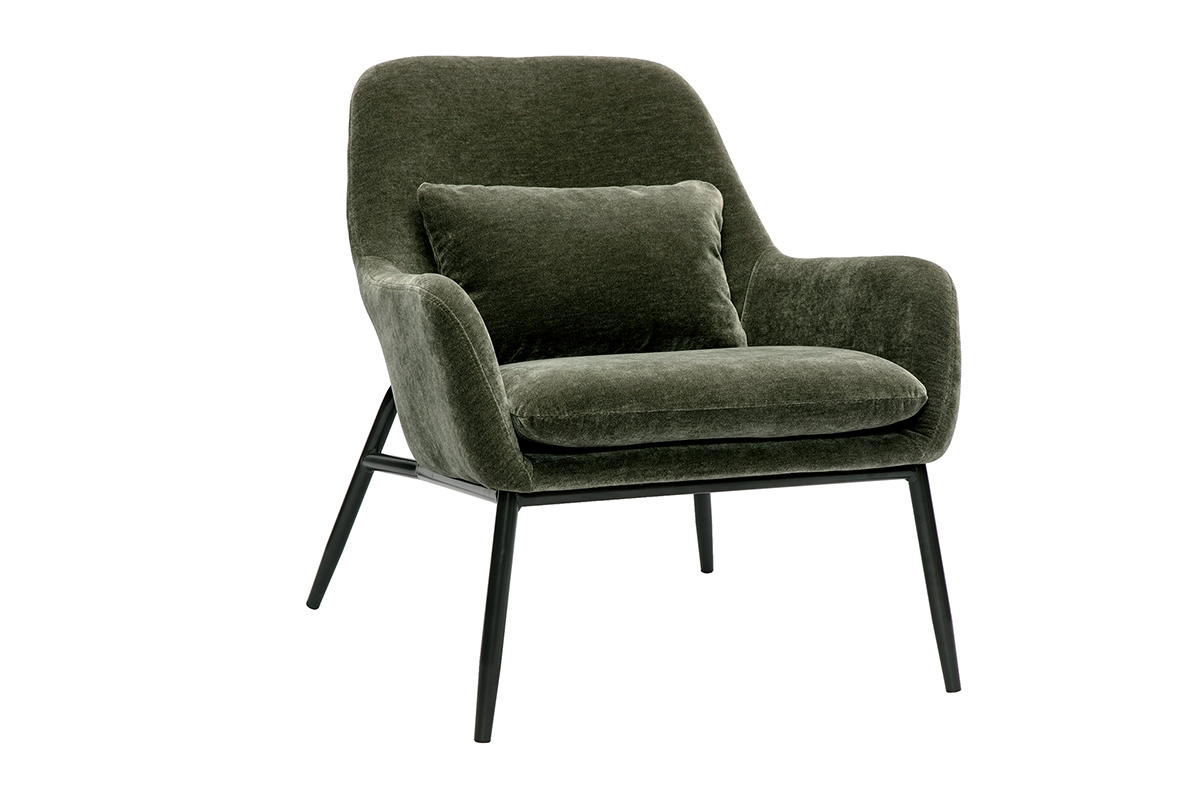 Designersessel aus Samt-Effekt khakigrnem Stoff und schwarzem Metall MAXINE