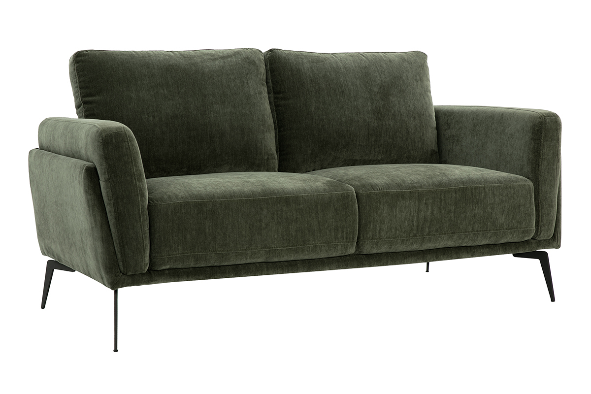 Designersofa 2-Sitzer aus grnem Khaki-Veloursstoff und schwarzem Metall MOSCO