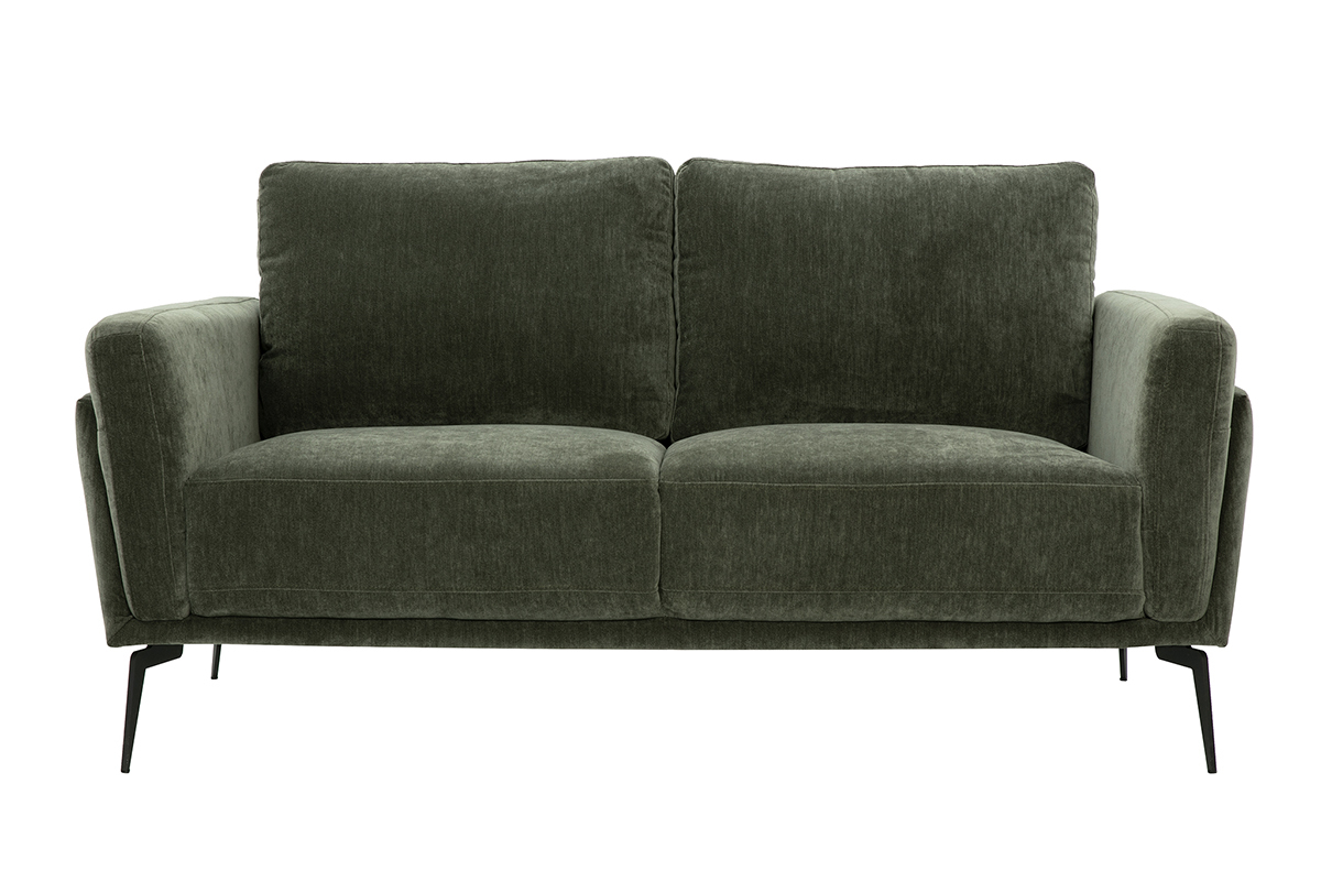 Designersofa 2-Sitzer aus grnem Khaki-Veloursstoff und schwarzem Metall MOSCO