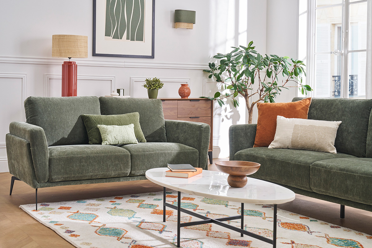 Designersofa 2-Sitzer aus grnem Khaki-Veloursstoff und schwarzem Metall MOSCO