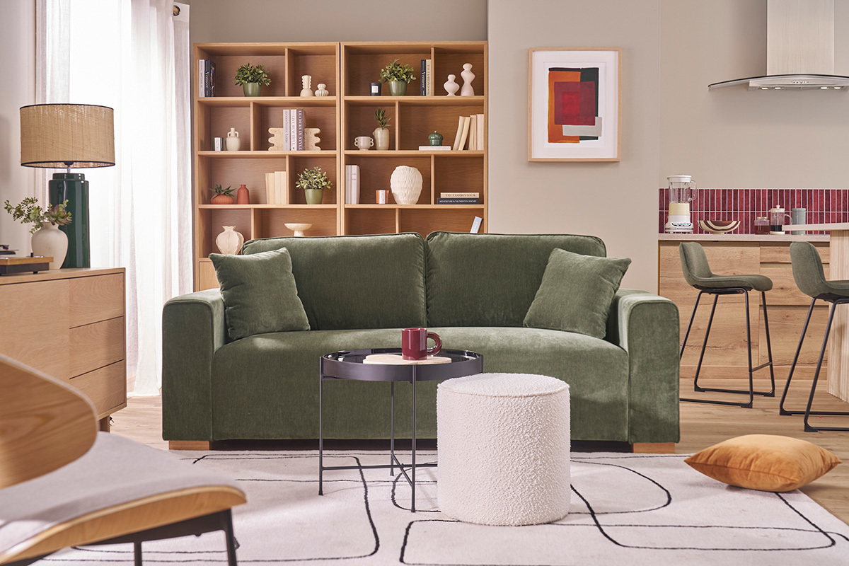 Designersofa 3 Pl�tze in Samtoptik Stoff khakigr�n PEPPER