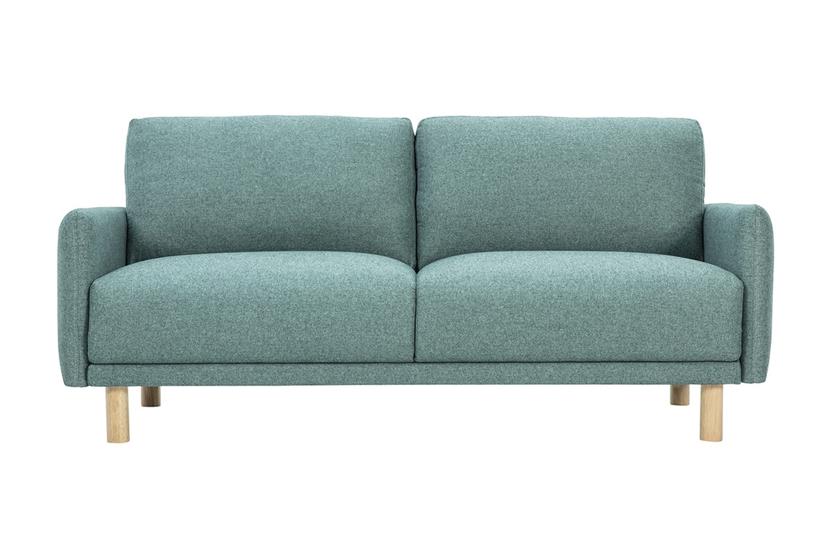 Dreisitzer-Sofa aus graugr�nem Stoff mit hellen Holzbeinen, Frontansicht.